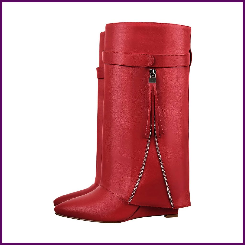 Knee High Fold Over Wedge Heel Shark Boots Pull On Shoes Size Available